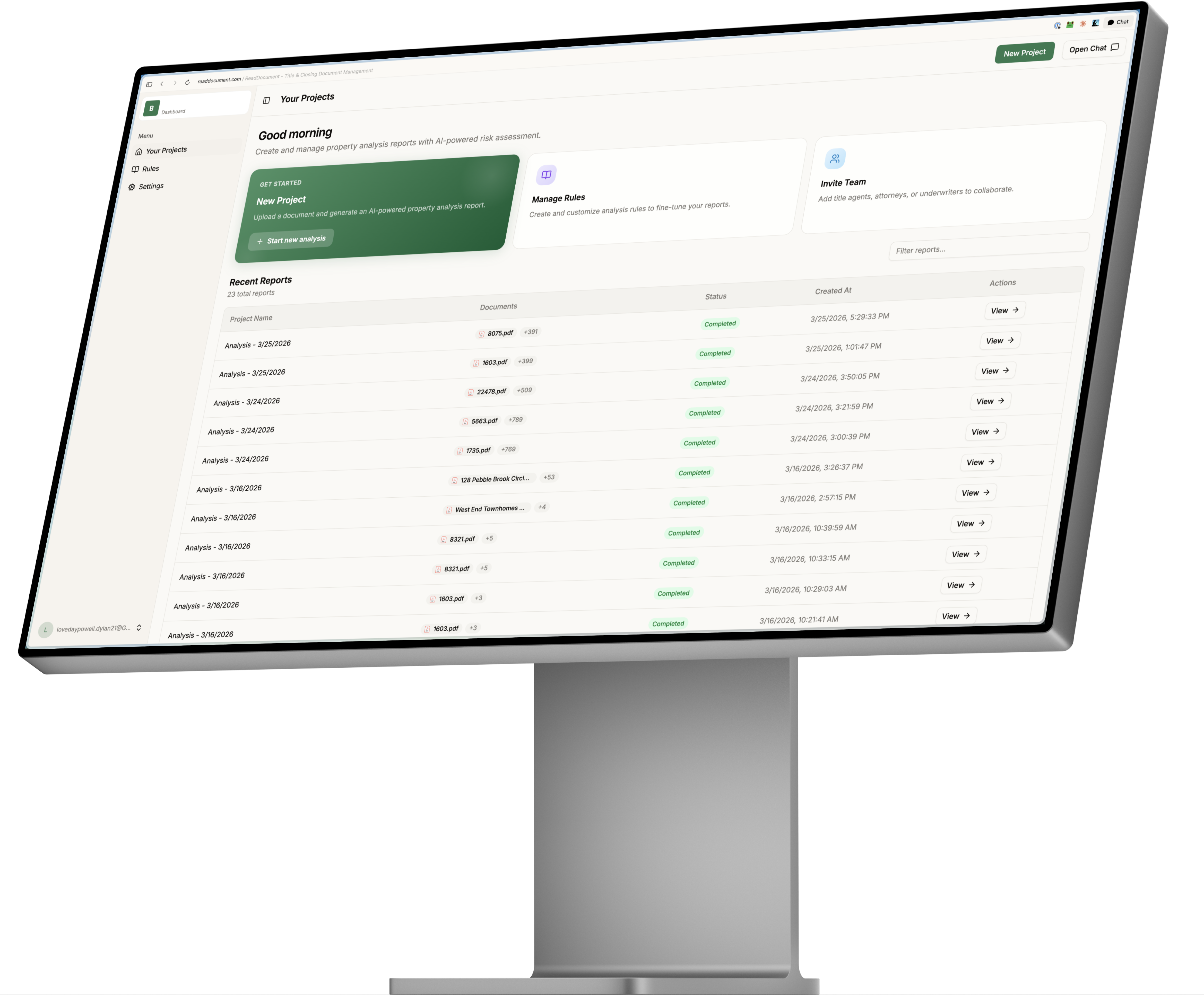 IdealFTE dashboard showing AI-powered property analysis reports